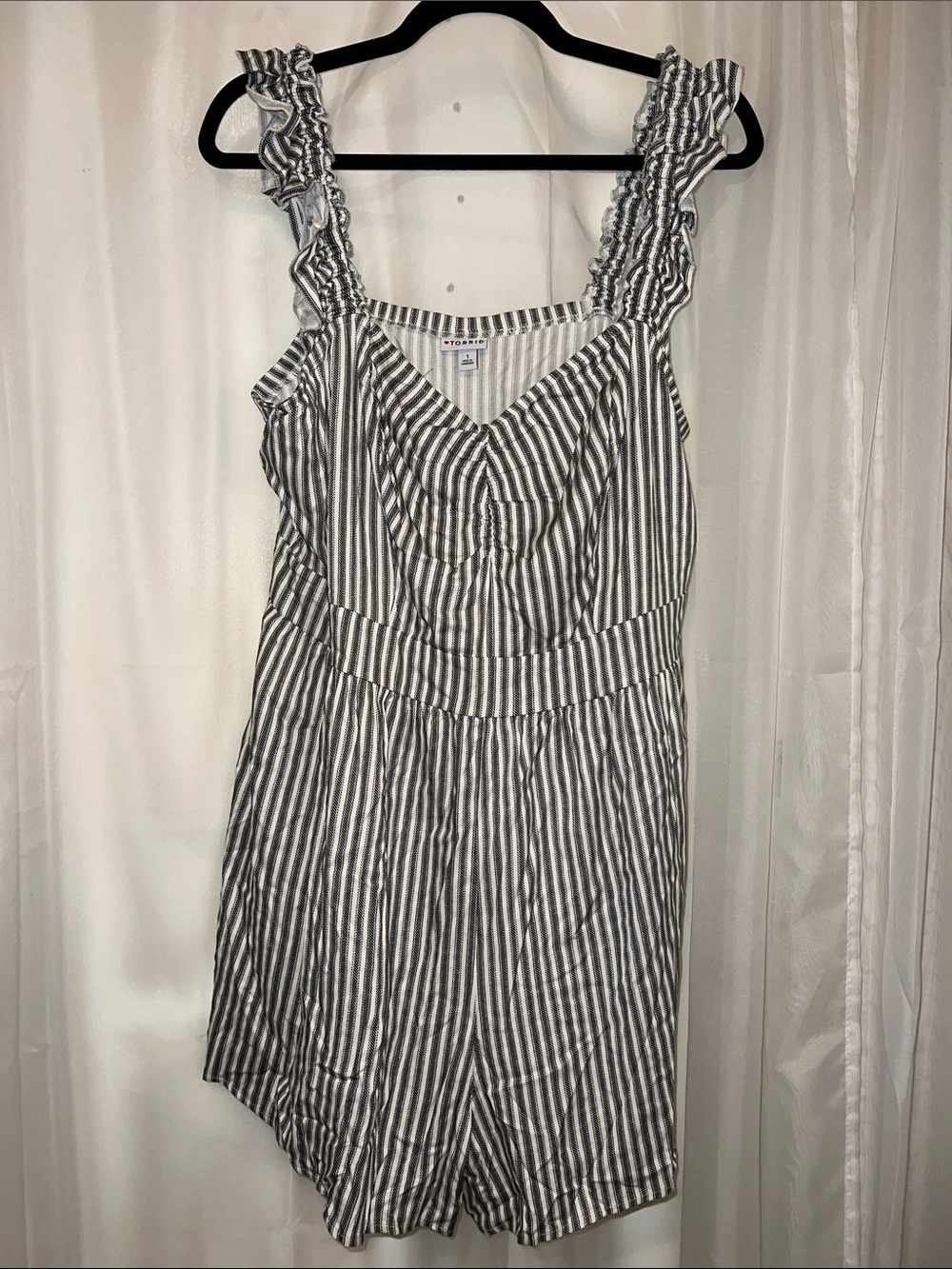 torrid Black & White Striped Romper with Ruffle Straps